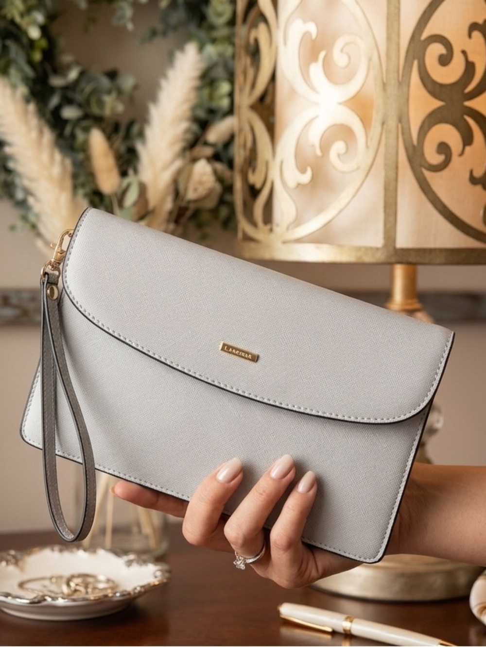 Gray Wristlet Clutch with Gold Accents